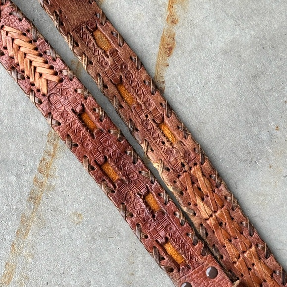 Vintage Tooled Leather Boho Belt Wood Buckle Woven Western Festival Belt Unisex - Picture 9 of 9